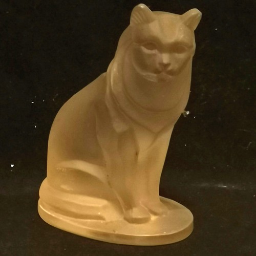 239 - Vintage Bohemian frosted glass seated cat car mascot by Herman George Ascher - 9.5cm & has 1 small c... 