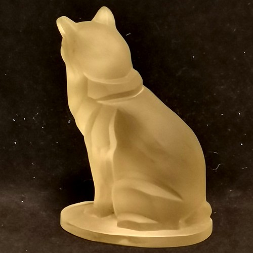 239 - Vintage Bohemian frosted glass seated cat car mascot by Herman George Ascher - 9.5cm & has 1 small c... 