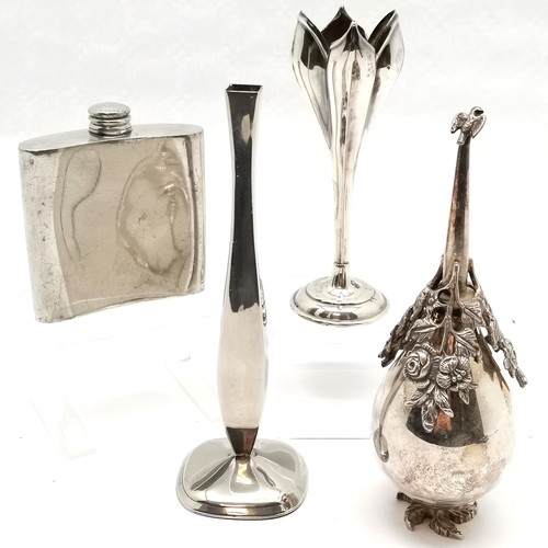 240 - Silver plated rosewater sprinkler (18cm), 2 silver plated specimen vases & Mulberry 4oz hip flask (s... 