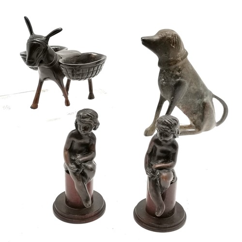 242 - Bronze donkey with baskets, metal dog statue (13cm) t/w pair of bronze children sat on wooden stands... 