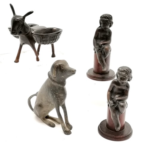 242 - Bronze donkey with baskets, metal dog statue (13cm) t/w pair of bronze children sat on wooden stands... 