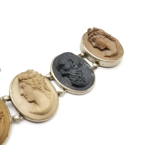 317 - Antique hand carved lava portrait cameo bracelet with large panels 2.6cm drop & 16.5cm long & has la... 