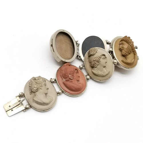 317 - Antique hand carved lava portrait cameo bracelet with large panels 2.6cm drop & 16.5cm long & has la... 