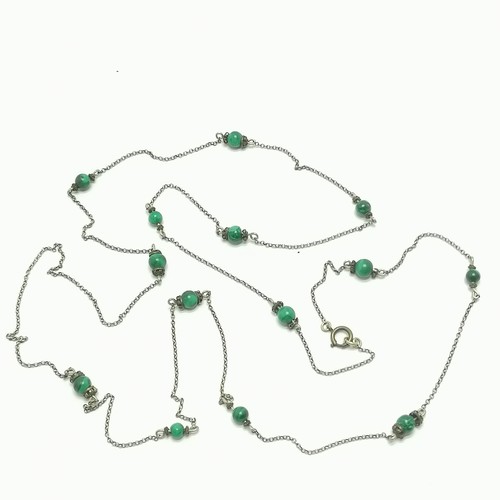 354 - Antique unmarked silver languard chain with malachite bead detail - 138cm & 24g total weight ~ has r... 