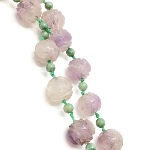 380 - Chinese amethyst / hard stone bead necklace with silver mounted pendant clasp - 42cm long ~ panel ha... 