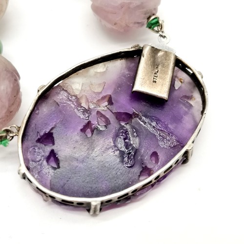 380 - Chinese amethyst / hard stone bead necklace with silver mounted pendant clasp - 42cm long ~ panel ha... 