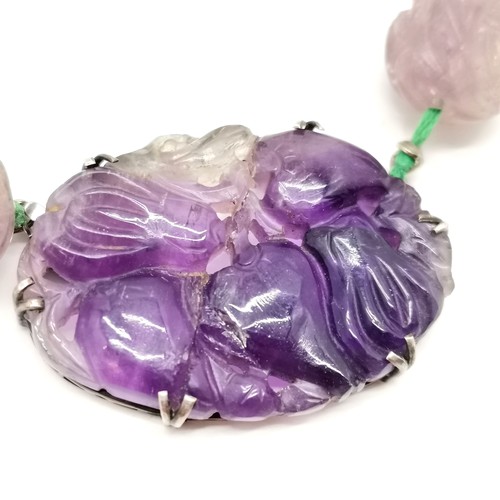 380 - Chinese amethyst / hard stone bead necklace with silver mounted pendant clasp - 42cm long ~ panel ha... 