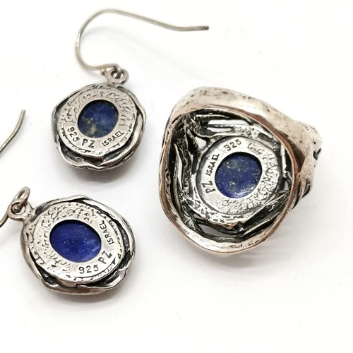 390 - Israel silver lapis set ring (size O)/ earrings / cuff bangle by Paz - total weight 34g