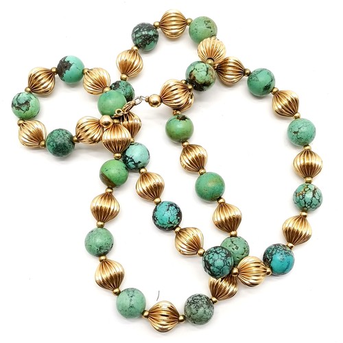 391 - Turquiose / unmarked 14ct gold bead necklace with 14ct marked gold clasp - 72cm & total weight 119g