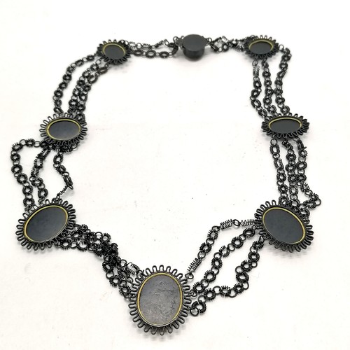 398 - Antique Georgian Grand Tour japanned steel cameo panelled necklace with triple strand design in orig... 