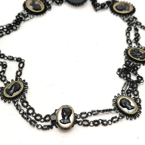 398 - Antique Georgian Grand Tour japanned steel cameo panelled necklace with triple strand design in orig... 