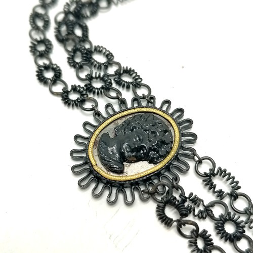 398 - Antique Georgian Grand Tour japanned steel cameo panelled necklace with triple strand design in orig... 