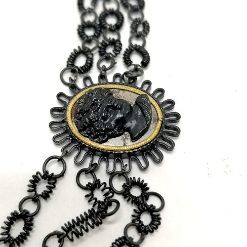 398 - Antique Georgian Grand Tour japanned steel cameo panelled necklace with triple strand design in orig... 