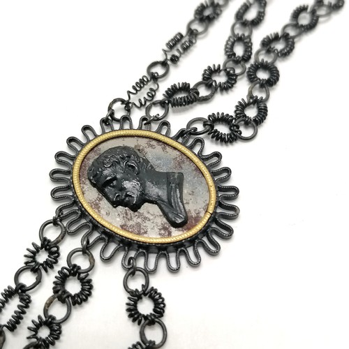 398 - Antique Georgian Grand Tour japanned steel cameo panelled necklace with triple strand design in orig... 