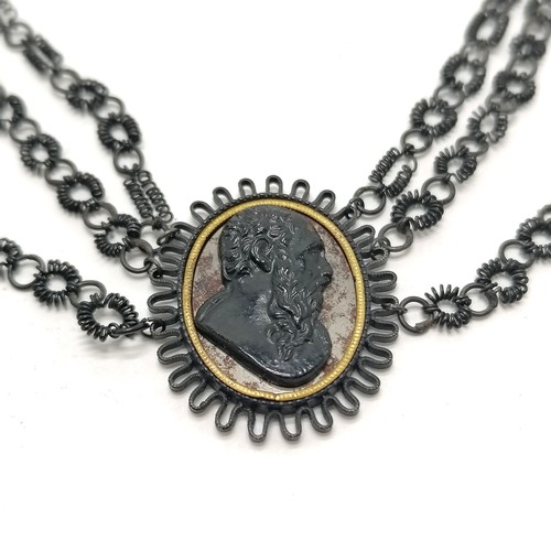 398 - Antique Georgian Grand Tour japanned steel cameo panelled necklace with triple strand design in orig... 