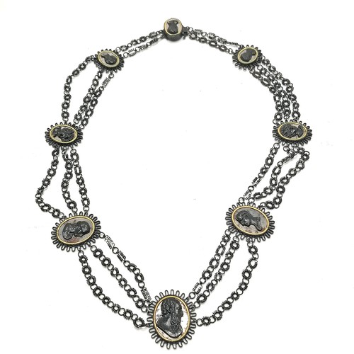 398 - Antique Georgian Grand Tour japanned steel cameo panelled necklace with triple strand design in orig... 