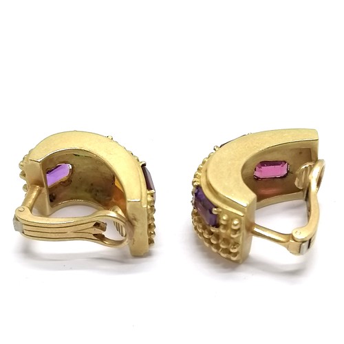 400 - Unmarked gold (touch tests & acid tests as 22ct) pair of clip on earrings set with amethyst / citrin... 