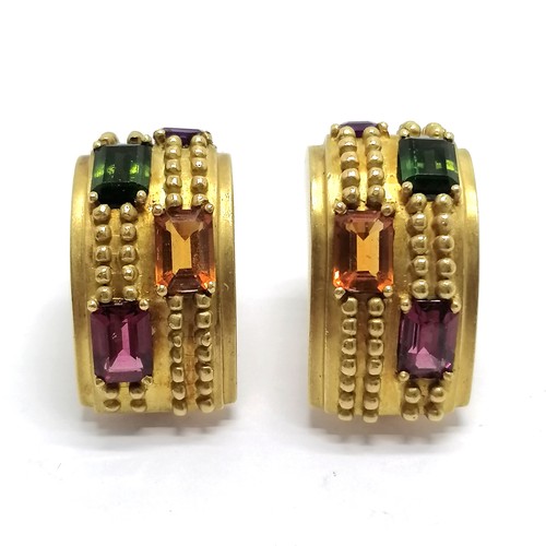 400 - Unmarked gold (touch tests & acid tests as 22ct) pair of clip on earrings set with amethyst / citrin... 