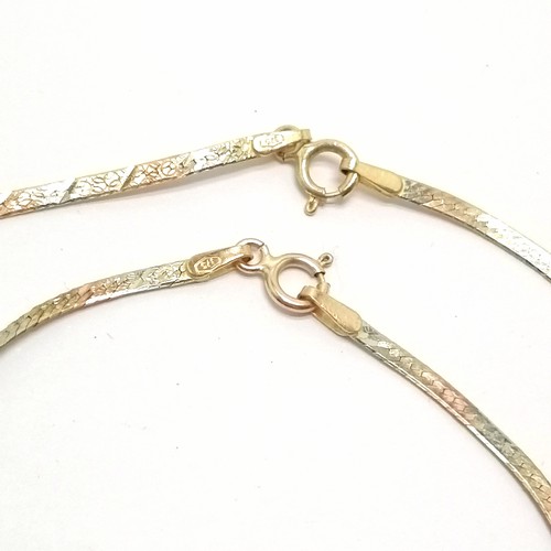 415 - 9ct marked tri colour gold flat link necklace (40cm + drop) + bracelet - 4.3g - SOLD ON BEHALF OF TH... 