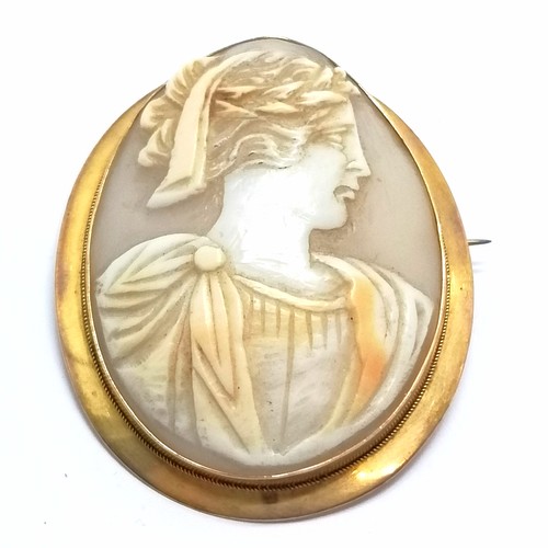 427 - Antique 9ct marked gold mounted hand carved portrait cameo brooch - 5cm drop & 14.1g total weight ~ ... 