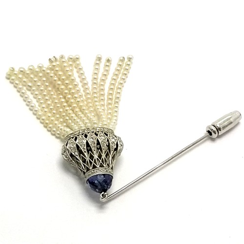 428 - Unusual antique unmarked platinum pin set with diamonds & facet cut sapphire to top & with pearl tas... 