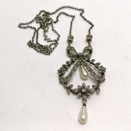 443 - Antique sterling silver necklet set with paste / mock pearl drops - 44cm long & pendant drop 5.5cm &... 