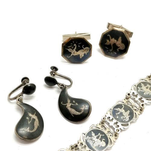 450 - Qty of Siamese / niello jewellery - 2 pais of cufflinks, screw back earrings, fan brooch & bracelet ... 