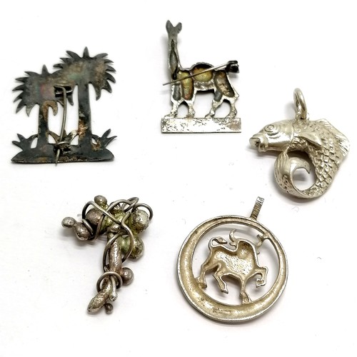 451 - Silver hallmarked Taurus pendant, 2 foreign silver brooches (Llama (3.8cm) & niello Iran tree) & 2 o... 