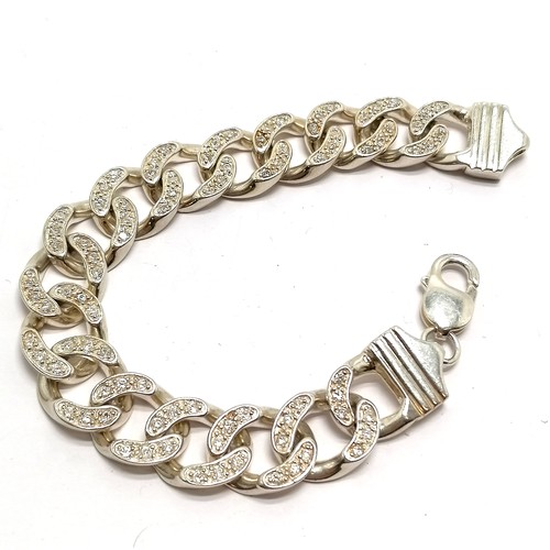 454 - Gents silver hallmarked heavy gauge bracelet set with white stones - 22cm long (x 15mm wide) & 60g