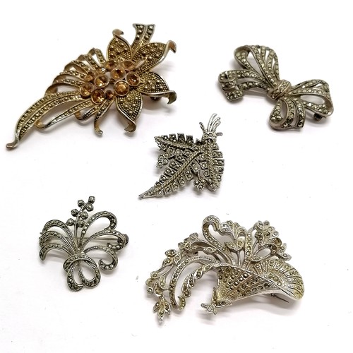 459 - 2 silver marcasite brooches (1 is 800 silver) t/w 3 costume brooches (largest 7.5cm) - total weight ... 