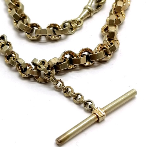 470 - Antique gilt metal fancy link albert chain with swivel fob set with onyx / bloodstone - 38cm total l... 