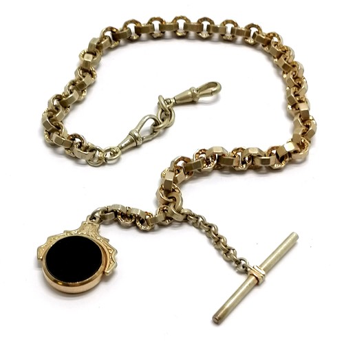 470 - Antique gilt metal fancy link albert chain with swivel fob set with onyx / bloodstone - 38cm total l... 