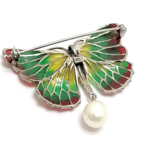 474 - Silver plique a jour butterfly brooch / pendant with pearl drop - 4.5cm wingspan & 7.3g total weight... 