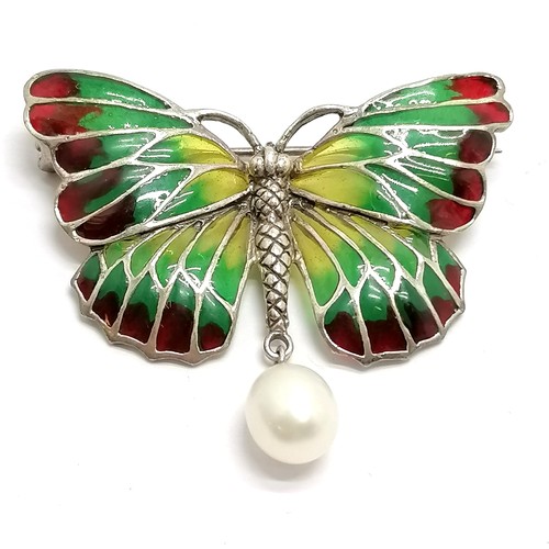 474 - Silver plique a jour butterfly brooch / pendant with pearl drop - 4.5cm wingspan & 7.3g total weight... 