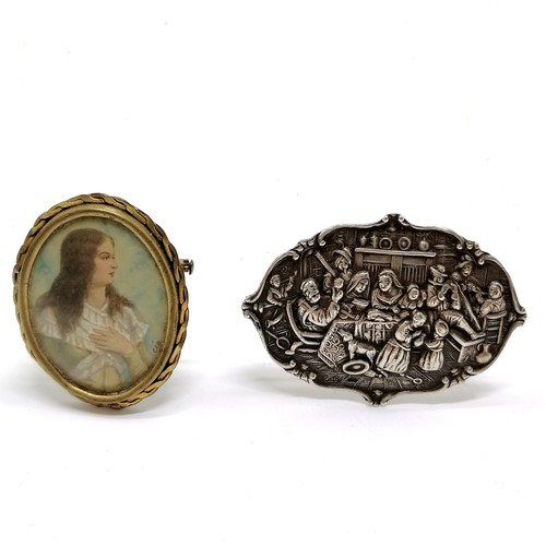 477 - 5 x antique / vintage brooches inc hand carved portrait cameo, Dutch silver (6cm), hand painted port... 