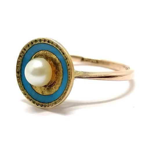 482 - Antique unmarked gold childs ring with blue enamel & pearl detail - size D½ & 1.9g total weight