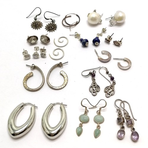 490 - 14 x pairs of silver earrings inc Milor (Italian) large hoops (3.5cm), pearl, suns etc - 45g total w... 