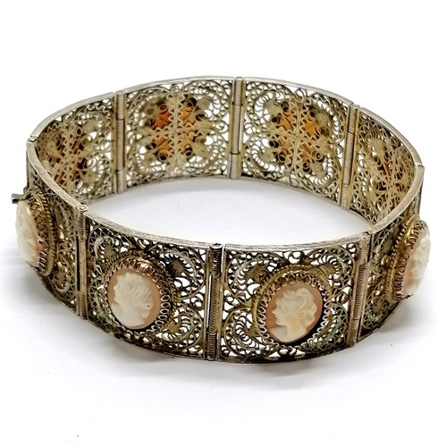 498 - 800 silver filigree bracelet with hand carved cameo portrait detail panels - 17cm & 30g - SOLD ON BE... 