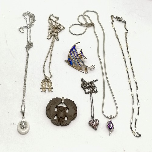 502 - 5 x silver marked necklaces (4 with pendants inc stone set) t/w silver gilt enamel fish filigree bro... 