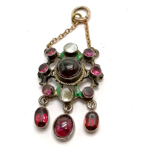 503 - Antique pendant set with garnets & mother of pearl with enamel detail (5cm drop) t/w In memorium pen... 