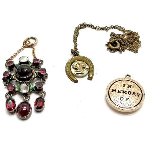 503 - Antique pendant set with garnets & mother of pearl with enamel detail (5cm drop) t/w In memorium pen... 