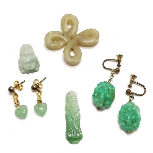 504 - Pair of Chinese peking glass screw back earrings, hand carved jade buddha pendant etc - SOLD ON BEHA... 