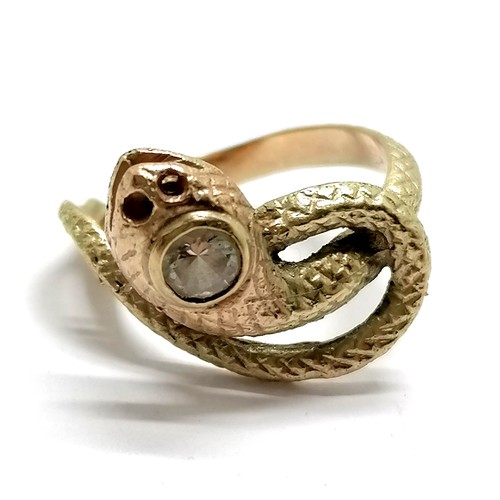 505 - Unmarked gold snake ring set with white stone to head - size L½ & 4.7g total weight - SOLD ON BEHALF... 