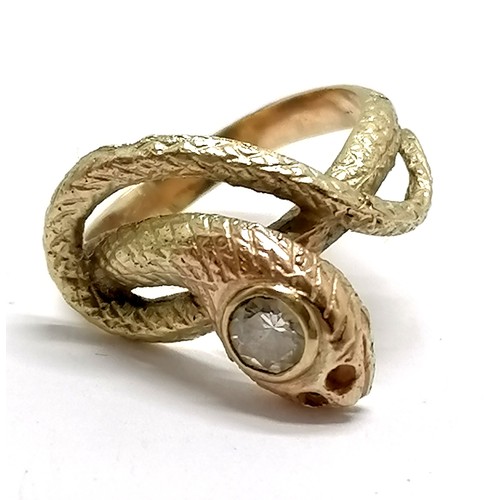 505 - Unmarked gold snake ring set with white stone to head - size L½ & 4.7g total weight - SOLD ON BEHALF... 