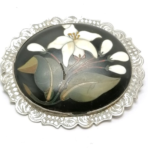 512 - Antique pietra dura panel brooch in unmarked silver mount - 6.5cm across ~ signs of wear & slight lo... 