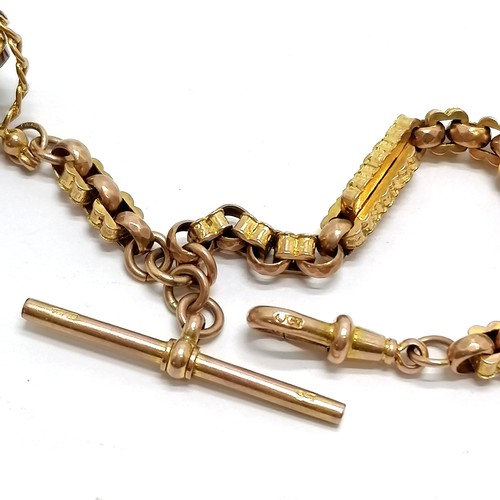 516 - Antique 9ct marked gold fancy link albert chain with 9ct Chester hallmarked gold fob set with bloods... 