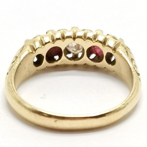 525 - Antique 18ct hallmarked gold diamond / red stone set ring - size J & 3.8g total weight