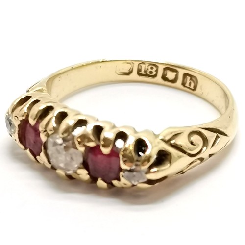 525 - Antique 18ct hallmarked gold diamond / red stone set ring - size J & 3.8g total weight