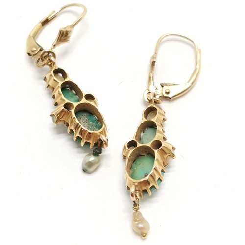 553 - Pair of 9ct marked gold harlequin drop earrings set with turquoise & pearl - 4.2cm drop & 4.1g total... 