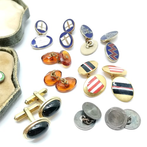 589 - Qty of gents cufflinks inc military, silver pair & cased silver mounted enamel studs / pin (box a/f)